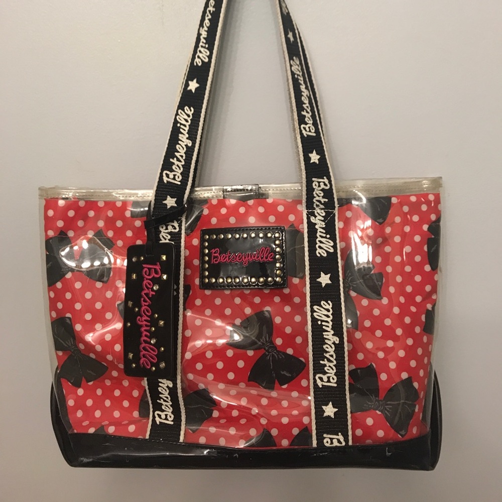 Betsey Johnson clear red and white polka dot tote